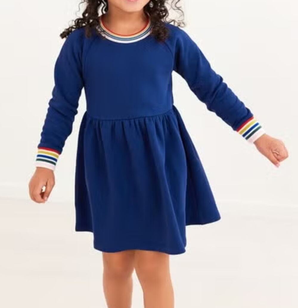 Hanna Andersson Girls 10 Rainbow Cuff Knit French Terry Dress Navy Blue